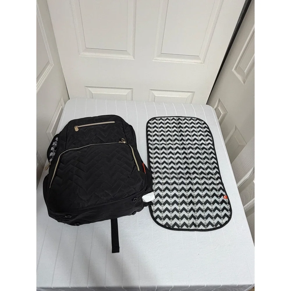 Fisher Price Diaper Bag Backpack Black QuiltedChevron Gold Hardware Multi-Pocket